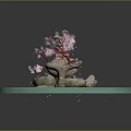 Traditional Asian Building Surrounded by Turquoise Water Pink Cherry Blossoms and Stone Bridge