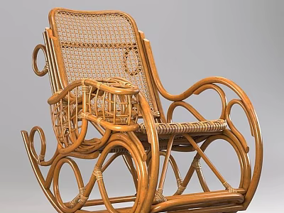 Natural Rattan Rocking Chair With Woven Backrest And Curved Armrests Design 3d model
