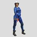 Woman In Blue Work Uniform With White Hard Hat Holding Tool And Knee Pads