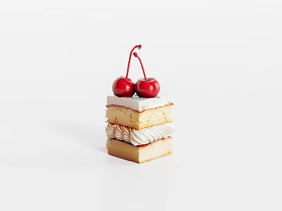 Homemade Soft Layered Cake With Sweet Cherry Topping And Creamy Layers 3d model