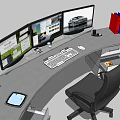 Modern Curved Office Desk with Multiple Monitors Keyboard Mouse Tablet Office Chair and Colorful Folders