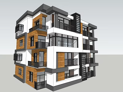 Modern Multi Storey Single Family Villa With Wood And White Exterior Balconies And Large Windows 3d model
