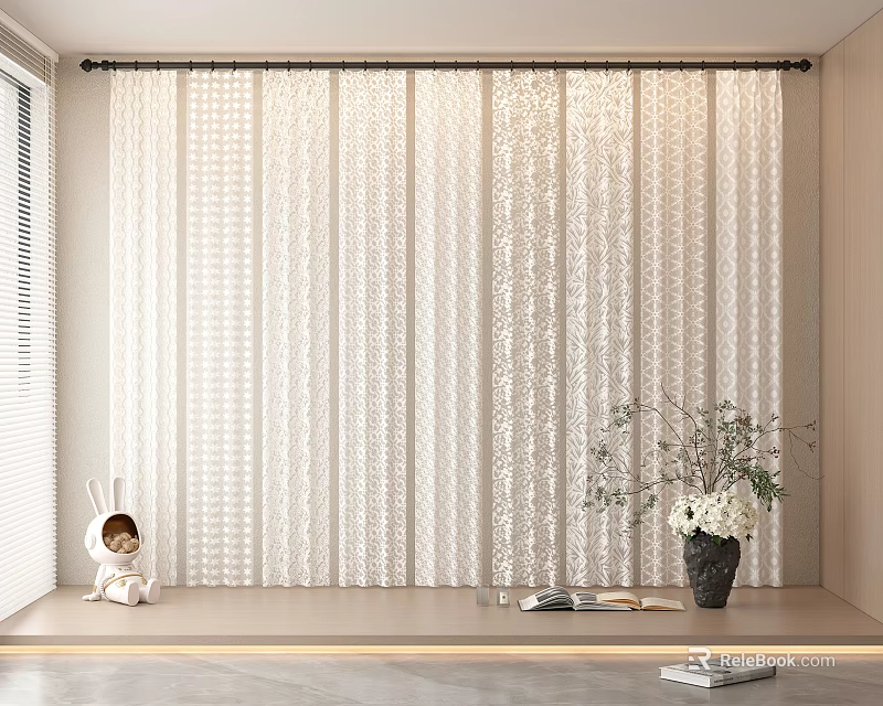 White Textured Sheer Curtains Light Filtering Interior Decor with Vase Rabbit Doll and Books 3d model 