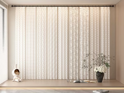 White Textured Sheer Curtains Light Filtering Interior Decor with Vase Rabbit Doll and Books 3d model