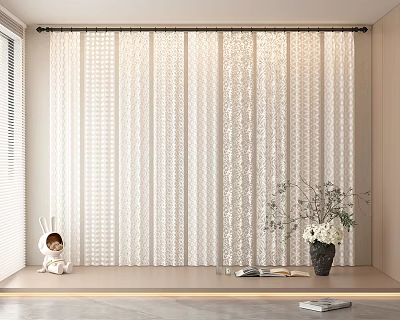 White Textured Sheer Curtains Light Filtering Interior Decor with Vase Rabbit Doll and Books 3d model