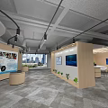 Modern Open Office Space with Large Windows City Skyline View and Lounge Area Tables