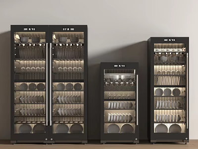 Modern Black Kitchen Appliances With Dishes Cups And Glasses Storage In Kitchen 3d model