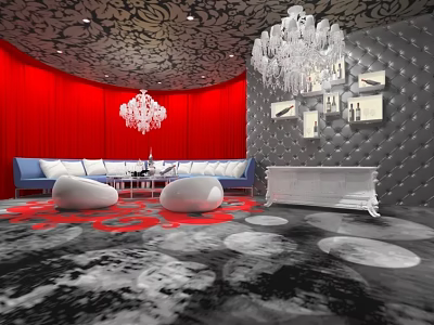 Elegant KTV Interior With Red Curtains Blue Sofas White Chandelier Gray Walls And Red Carpet 3d model