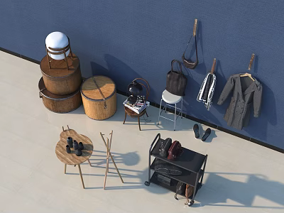 Daily Living Essentials With Wooden Barrels Round Stools Hanging Coat And Shoes 3d model