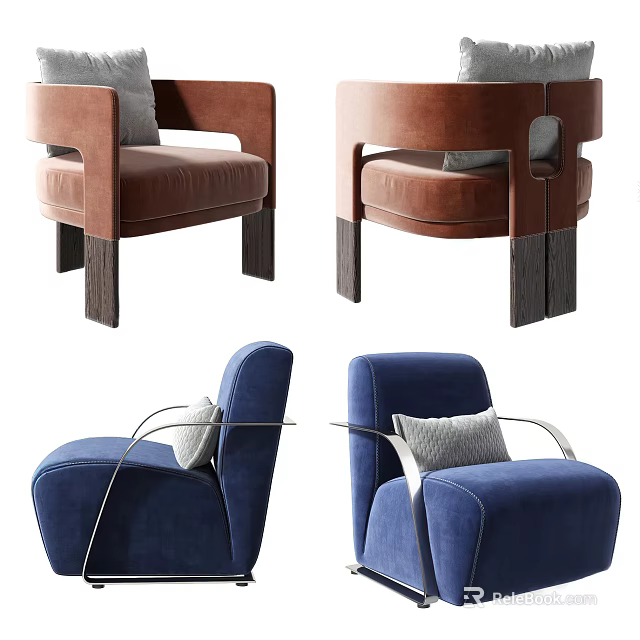 Modern Accent Chairs In Brown And Blue Upholstery With Wooden Legs And Cushions 3d model 