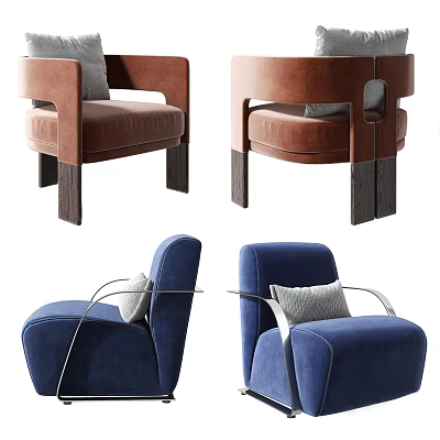 Modern Accent Chairs In Brown And Blue Upholstery With Wooden Legs And Cushions 3d model