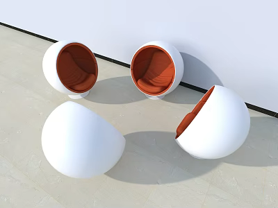 Three Modern White Egg Shaped Leisure Chairs With Orange Cushions In Minimalist Indoor Setting 3d model