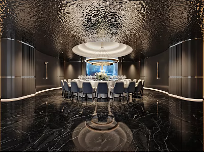 Luxurious Private Dining Room Interior with Round Table Chandelier and Marble Floor Decor 3d model