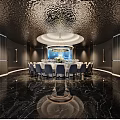 Luxurious Private Dining Room Interior with Round Table Chandelier and Marble Floor Decor