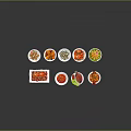 Delicious Various Colorful Chinese Dishes With Meat Vegetables And Seafood On White Plates