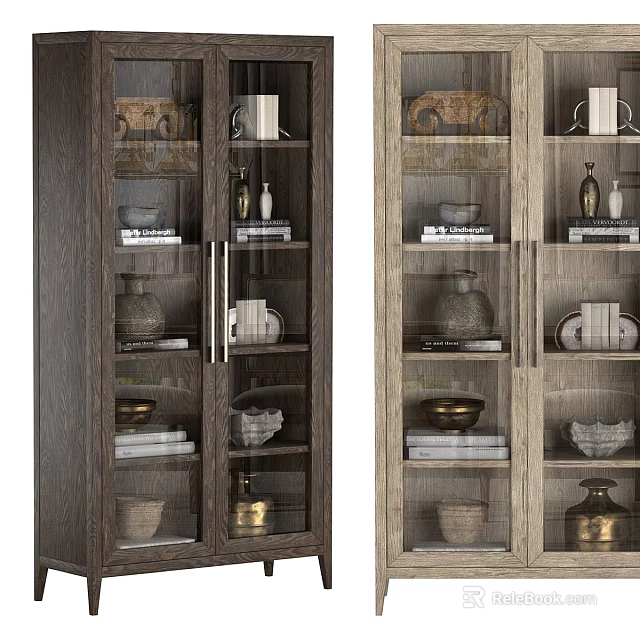 Wooden Glass Door Display Cabinets With Decorative Vases Books And Bowls 3d model 