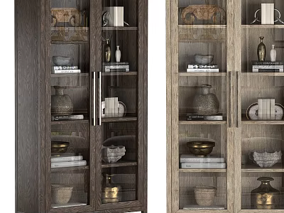 Wooden Glass Door Display Cabinets With Decorative Vases Books And Bowls 3d model