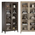 Wooden Glass Door Display Cabinets With Decorative Vases Books And Bowls
