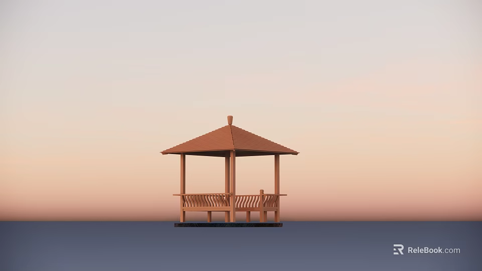 Tranquil Garden Landscape With Wooden Gazebo And Bench Under Sunset Sky 3d model 