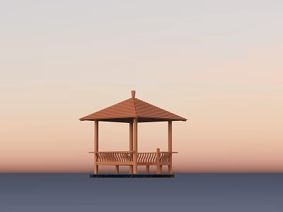 Tranquil Garden Landscape With Wooden Gazebo And Bench Under Sunset Sky 3d model