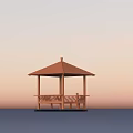 Tranquil Garden Landscape With Wooden Gazebo And Bench Under Sunset Sky