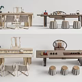 Modern Wooden Tea Table And Chairs With Stools And Tea Set Decorations 3d model