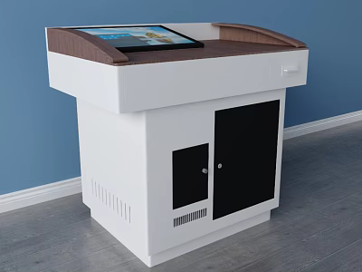Functional Desk With White Body Brown Countertop Tablet Display And Black Cabinet Doors 3d model