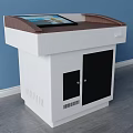 Functional Desk With White Body Brown Countertop Tablet Display And Black Cabinet Doors