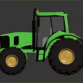 Green Tractor With Large Black Wheels And Yellow Rims Front View Design