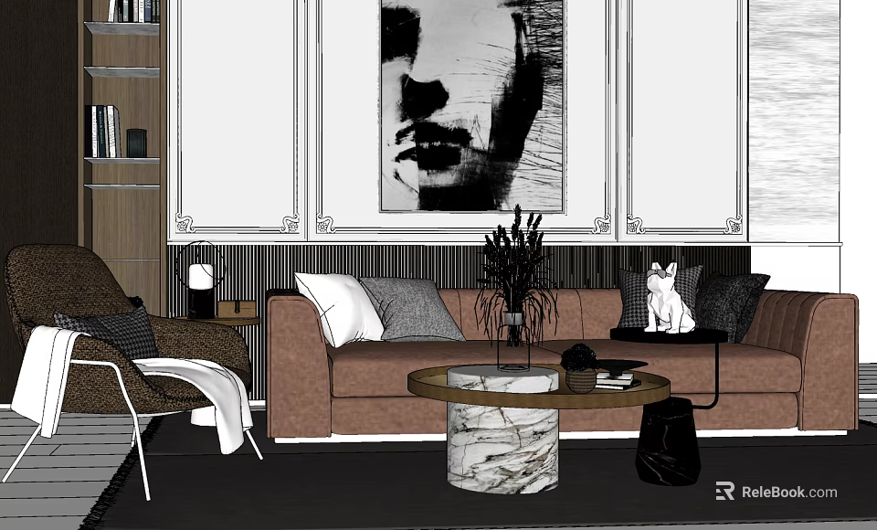 Elegant Modern Sofa And Coffee Table Set With Marble Top Decorative Pillows Artwork And Plant 3d model 