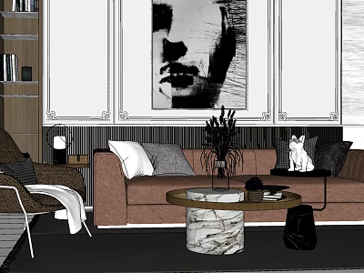 Elegant Modern Sofa And Coffee Table Set With Marble Top Decorative Pillows Artwork And Plant 3d model