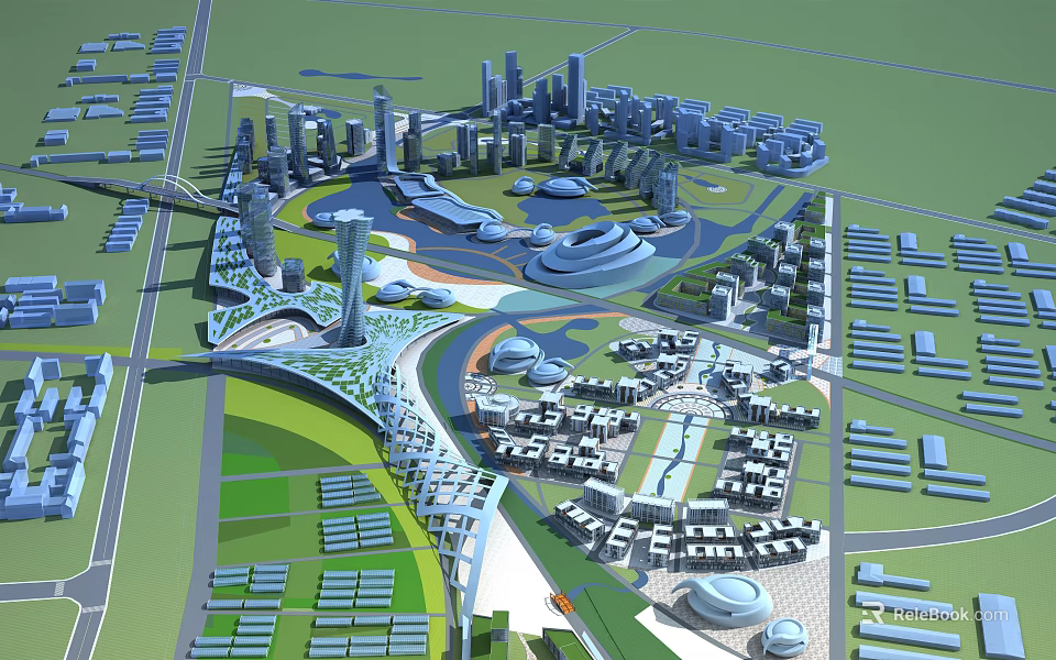 Aerial Urban Planning Design With Modern Buildings Green Spaces And Water Features 3d model 