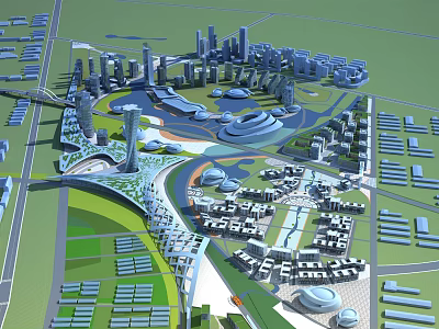 Aerial Urban Planning Design With Modern Buildings Green Spaces And Water Features 3d model