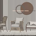Three Stylish Rattan Leisure Chairs With Wooden Frame And Circular Wall Lamp