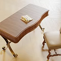 Wooden Writing Desk With Metal Legs And Magazine On Top With Vintage Chair Beside