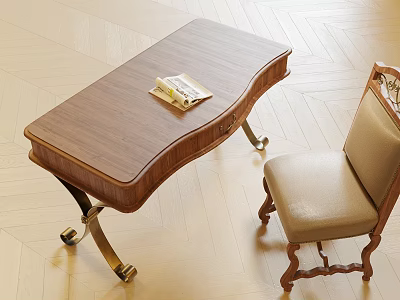Wooden Writing Desk With Metal Legs And Magazine On Top With Vintage Chair Beside 3d model