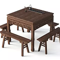 Traditional Chinese Wooden Dining Table Set With Intricate Carvings And Benches