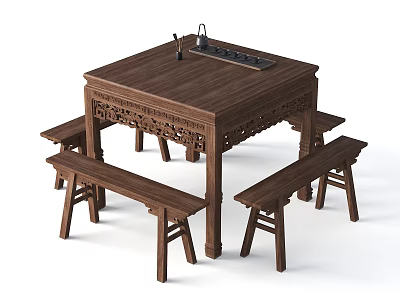 Traditional Chinese Wooden Dining Table Set With Intricate Carvings And Benches 3d model