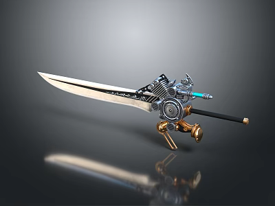 Fantasy Warrior Wielding Steampunk Mechanical Sword With Gear And Blade 3d model