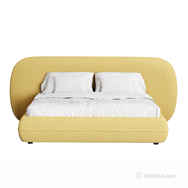 Yellow Modern Double Bed with Curved Headboard and White Bedding Pillows 3d model 