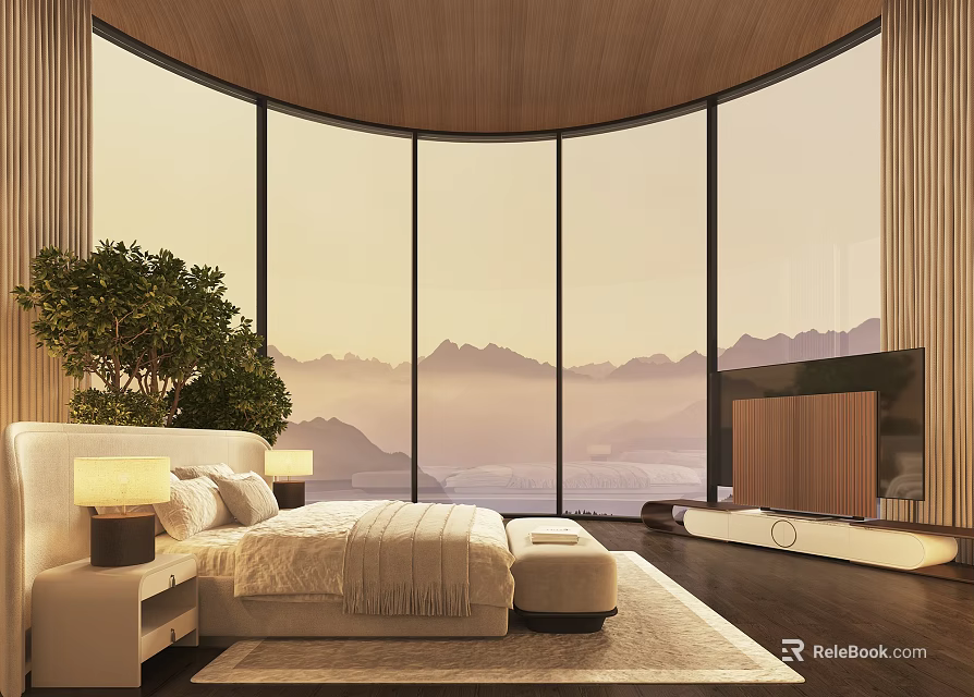 Luxurious Bedroom With Curved Floor to Ceiling Windows Mountain View Wooden Elements and Fireplace 3d model 