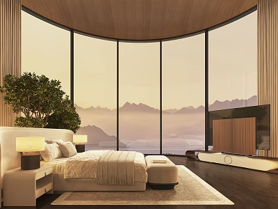 Luxurious Bedroom With Curved Floor to Ceiling Windows Mountain View Wooden Elements and Fireplace 3d model