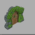 Lush Clover Covered Wooden Door With Stone Frame In Natural Setting