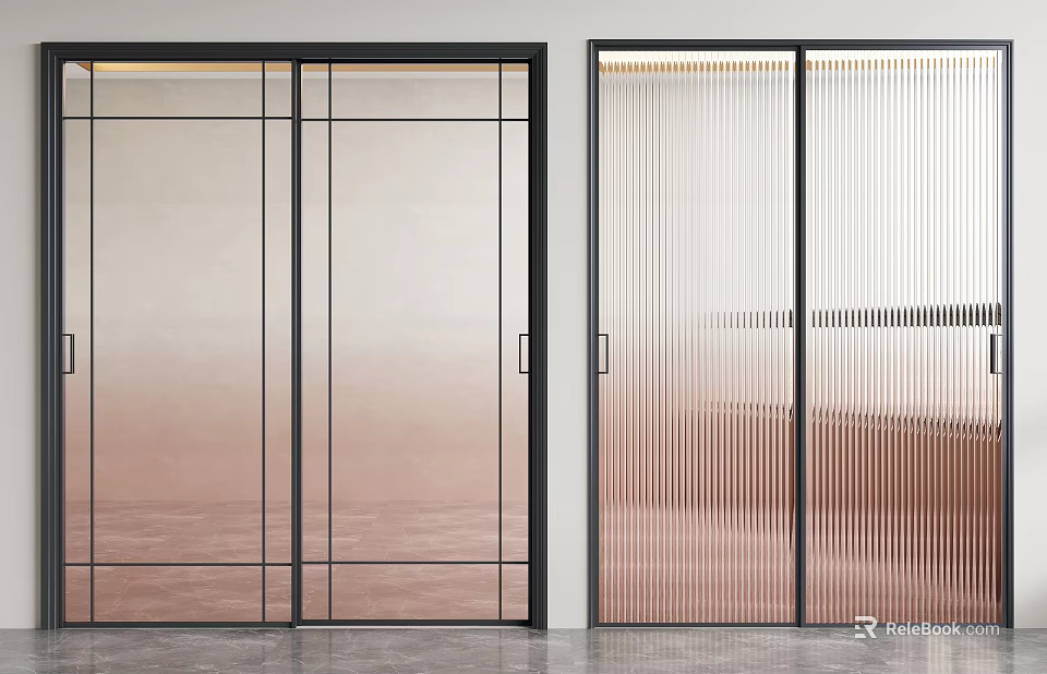 Elegant Modern Sliding Doors with Glass Metal Frames and Striped Pink Gradient 3d model 