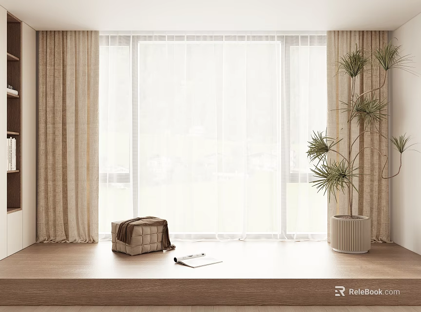 Beige Curtains And White Sheer Covering Large Window With Wooden Windowsill Potted Plant 3d model 