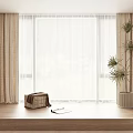 Beige Curtains And White Sheer Covering Large Window With Wooden Windowsill Potted Plant