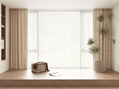 Beige Curtains And White Sheer Covering Large Window With Wooden Windowsill Potted Plant 3d model