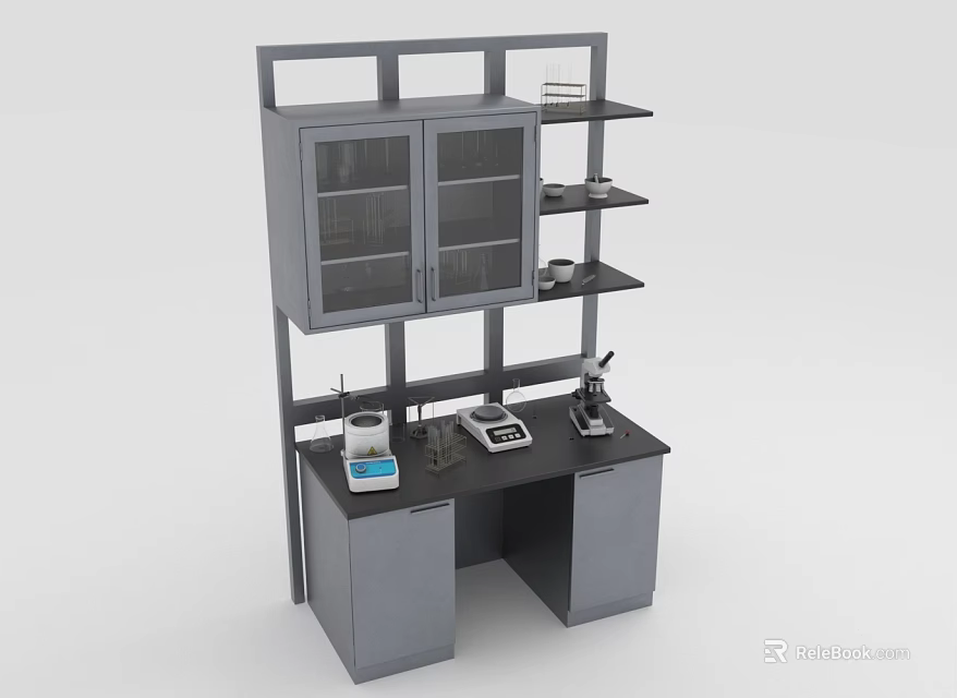 Lab Functional Desk with Glass Door Cabinet Shelves and Lab Equipment Setup 3d model 