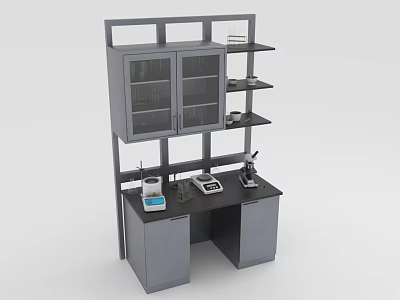 Lab Functional Desk with Glass Door Cabinet Shelves and Lab Equipment Setup 3d model
