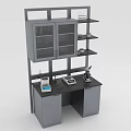 Lab Functional Desk with Glass Door Cabinet Shelves and Lab Equipment Setup